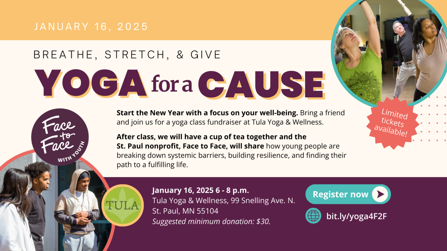 Yoga for a Cause January 16, 2025 at Tula Yoga and Wellness in St. Paul, Minnesota